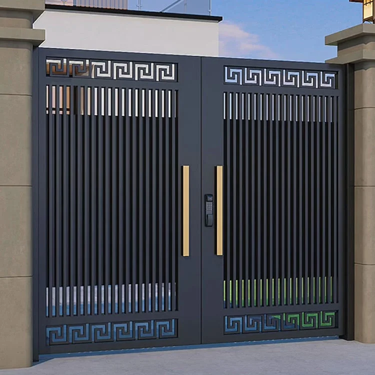 Dark double entry gate with vertical slats, geometric borders, and brass-colored handles